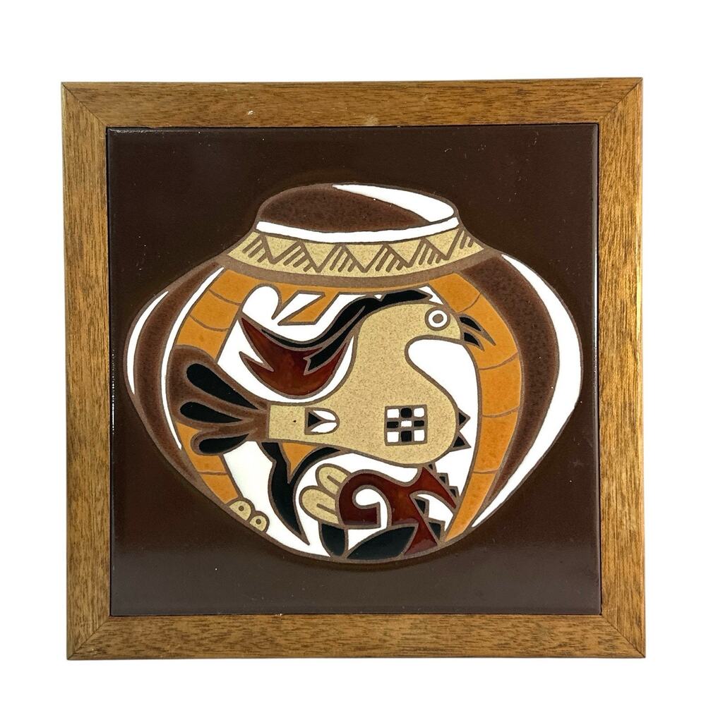 Vintage 1986 Arius of Santa Fe Framed Ceramic Tile Pueblo Pottery Bird Art